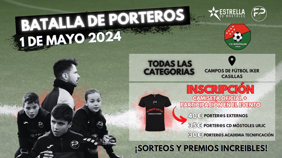 𝗕𝗔𝗧𝗔𝗟𝗟𝗔 𝗗𝗘 𝗣𝗢𝗥𝗧𝗘𝗥𝗢𝗦 𝗘𝗦𝗧𝗥𝗘𝗟𝗟𝗔 𝗗𝗘 𝗠𝗢́𝗦𝗧𝗢𝗟𝗘𝗦 ⚽️🤜🏼🤛🏼💥.

¡Una gran oportunidad para divertirse, aprender y competir!

🗓️ 1 de mayo
🏟️ Campos de Fútbol Iker Casillas

🔗 Información y formulario: cdmostoles.com/pnfg/NPcd/NFG_…

#VamosMiMóstoles 🔵