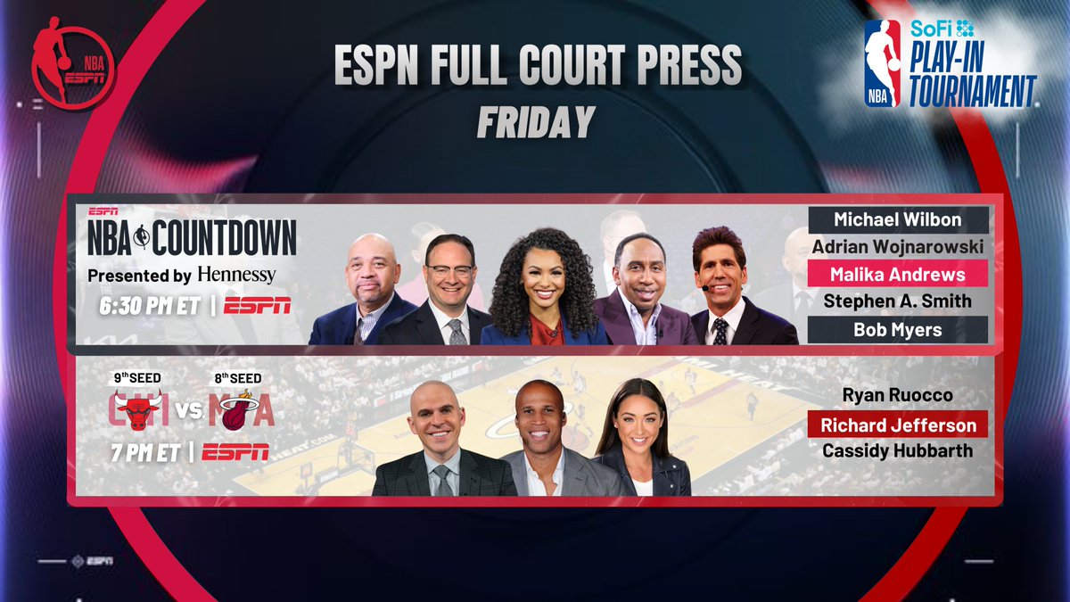 Friday, @ESPNNBA concludes its coverage of the 2024 NBA #SoFiPlayIn Tournament 🏀 6:30p ET | NBA Countdown 🏀 7p ET | #SeeRed vs #HEATCulture 🎙 @RyanRuocco, @Rjeff24, @CassidyHubbarth