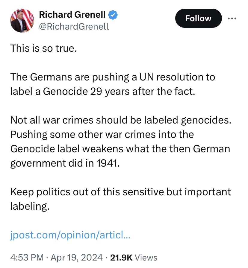 Ric Grenell, a close associate of Serbia’s Russian-aligned President Vucic, and very possibly the next US Secretary of State, comes out as a Srebrenica Genocide denier. An extraordinary moment in US political history, and the darkest of omens for Bosnia and the Balkans.