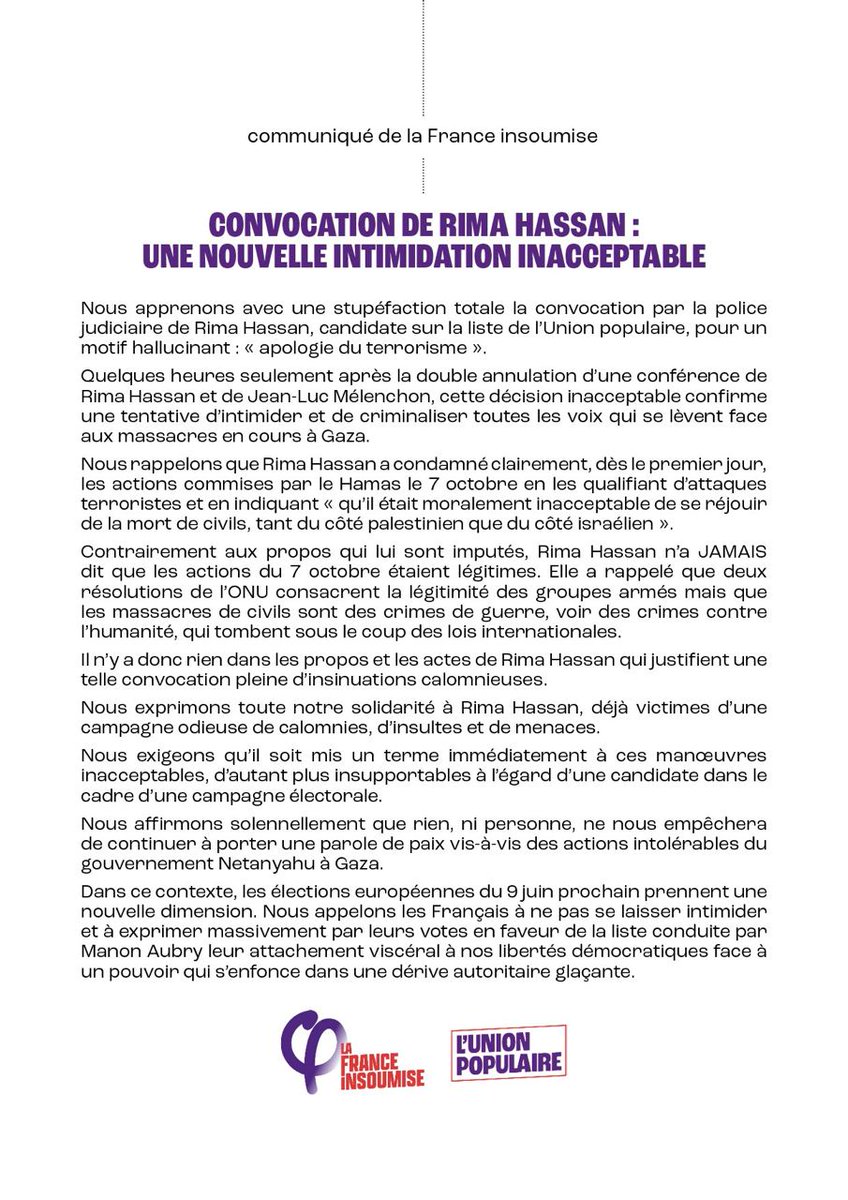 Jusqu'où iront-iels pour nous faire taire ? Interdictions de meeting, convocation pour apologie de terrorisme de notre candidate @RimaHas. Les autres forces de gauche ont tort de regarder ailleurs. Leur tour risque d'arriver après l'#UnionPopulaire #ContreLaCensure