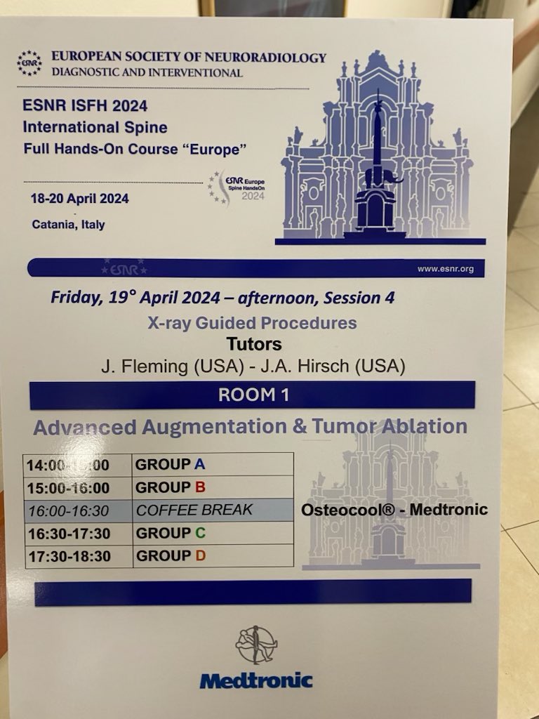 Day 2 of @ESNRad Spine Course was a great success: lots of vertebral access (trans-, para-, & extra-pedicular), SpineJack, bone tumor ablation, percutaneous spacer fluoro & CT/fluoro technique, and even some impromptu MSK ultrasound—More to come tomorrow! #SpineIR #MskIR #NeuroIR