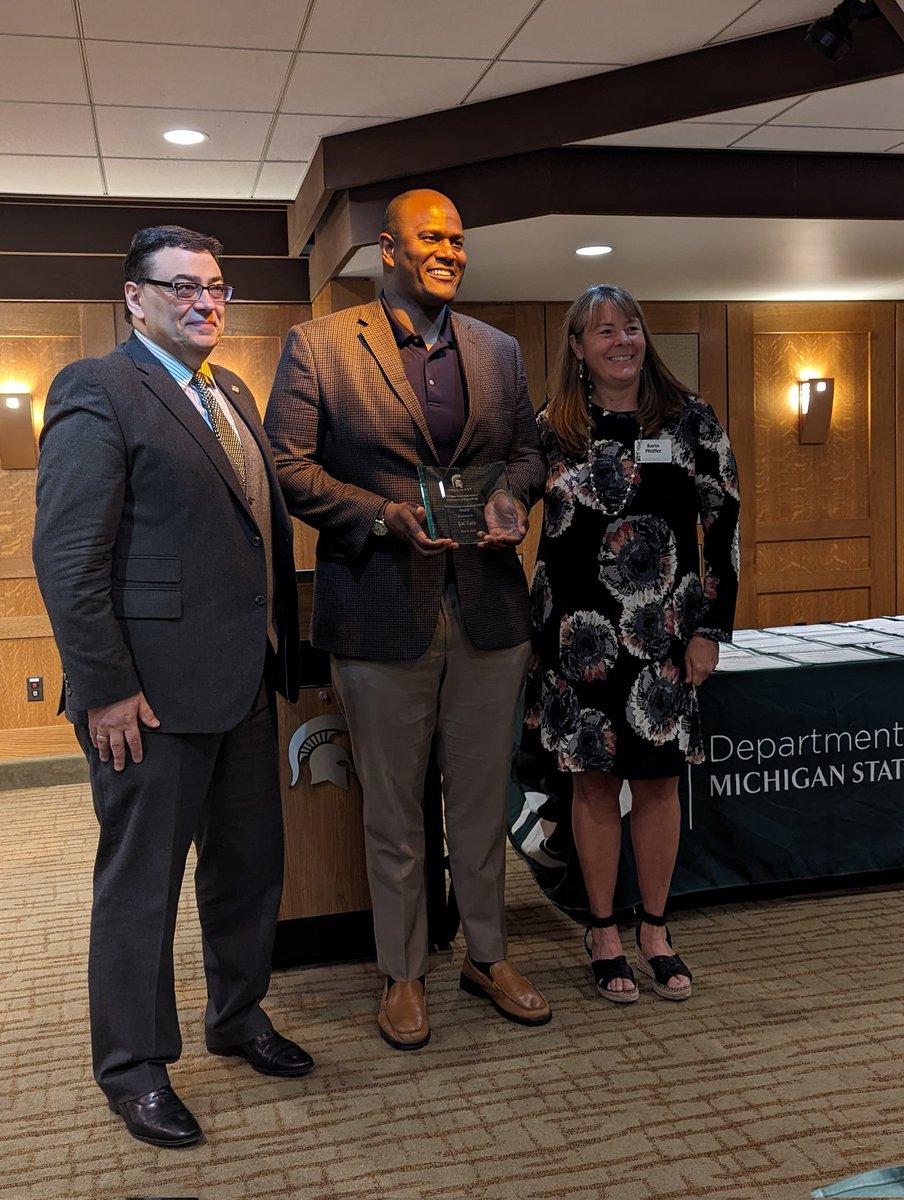 Congratulations @SpeakerJoeTate on your award from @michiganstateu Kinesiology. Dr. Ekkekakis and Dr. Pfeiffer presenting the professional achievement award. #mileg @MIHouseDems