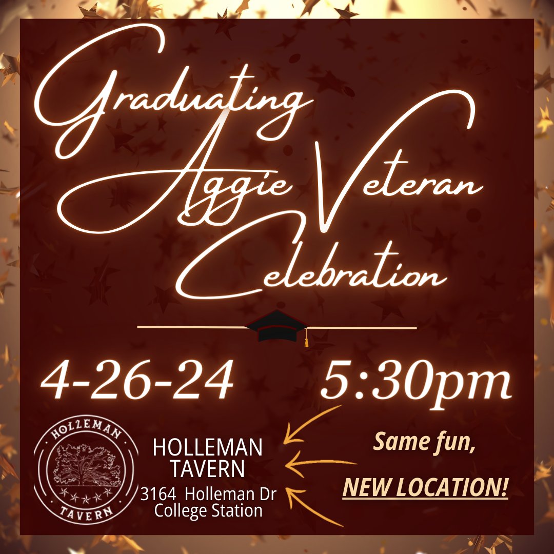 🎓 Honoring our Graduating Aggie Veterans this Friday! Join us at Holleman Tavern to celebrate their incredible achievements, receive military cords &amp; coins, and share the joy with friends and family! 🎉 Food and refreshing (non-alcoholic) drinks await!