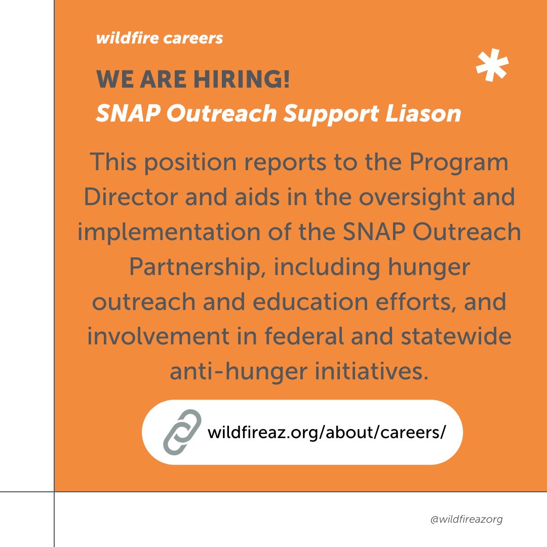 We are hiring!👇
wildfireaz.org/about/careers/

#EndPoverty #SNAP #CommunityActionWorks #EconomicJustice #Nonprofit #Leadership #Careers #Hiring #Jobs #WeAreHiring #CareerOpportunity #CareerDevelopment