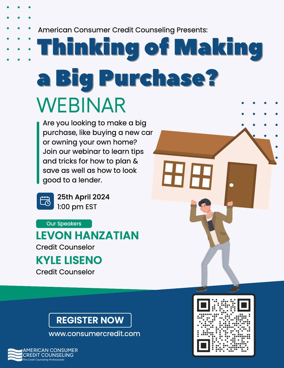 *Webinar Alert* Are you planning on making a big purchase soon? Reminder to attend a free informational webinar on Thursday, April 25th at 1pm hosted by the American Consumer Credit Counseling, Inc. Click here to register. consumercredit.com/debt-resources…