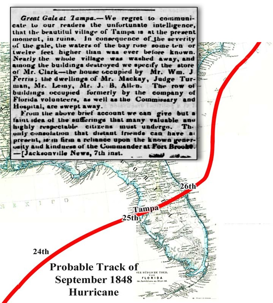 Some Tampa Bay Hurricane history. In 1848 an estimated CAT 4 hit the area creating John's Pass and passed through the state. Surge was estimated at 15 feet. Track map and article here. The area also had a CAT 3 in 1921 making landfall in Tarpon Springs. Surge was estimated at 12