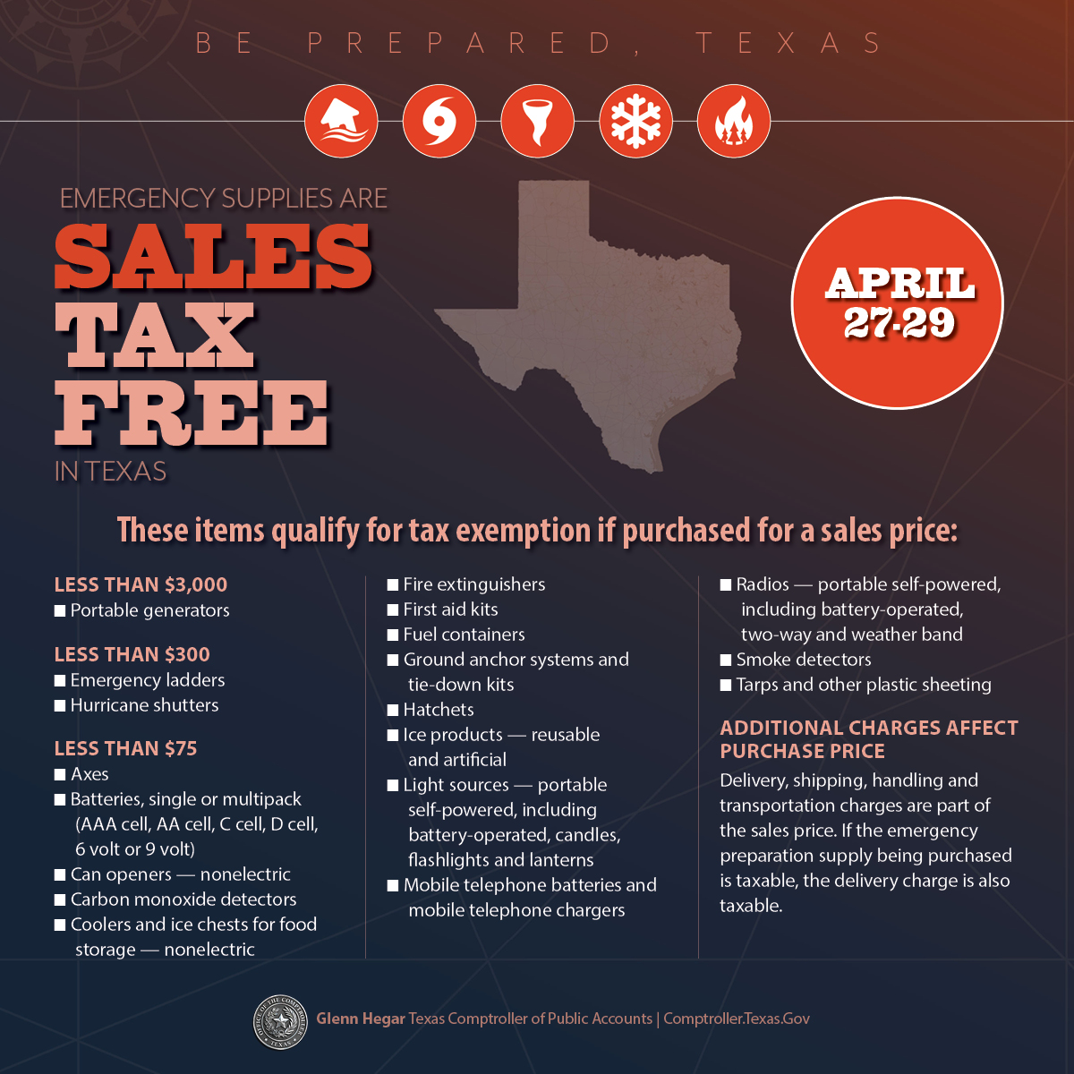 ALERT 🚨 Fear not, the only real crisis is not taking advantage of the #TXTaxHoliday savings! Prepare for tax-free purchases on crucial emergency supplies. Check out the items you can snag next weekend sales tax-free. 📷⬇️