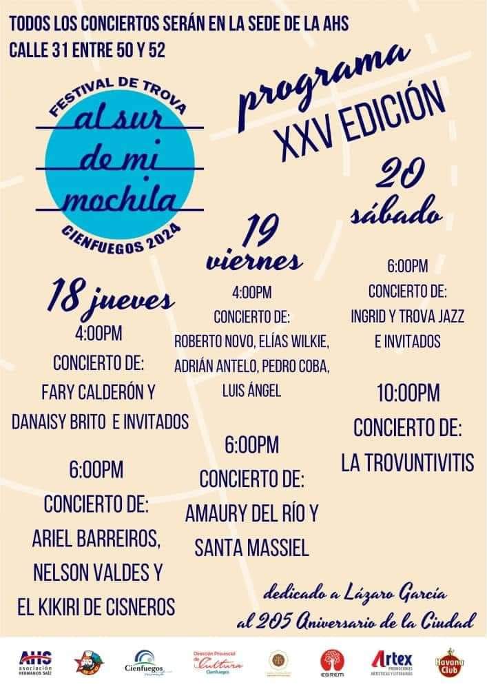 📌Hasta el 20 de abril se desarrollará la XXV edición del Festival de Trova “Al Sur de mi Mochila”🎼, auspiciado por la Asociación Hermanos Saíz Cienfuegos, dedicado al #MaestrodeJuventudes Lázaro García y al 205 aniversario de la ciudad.

#CubaEsCultura #culturacubana