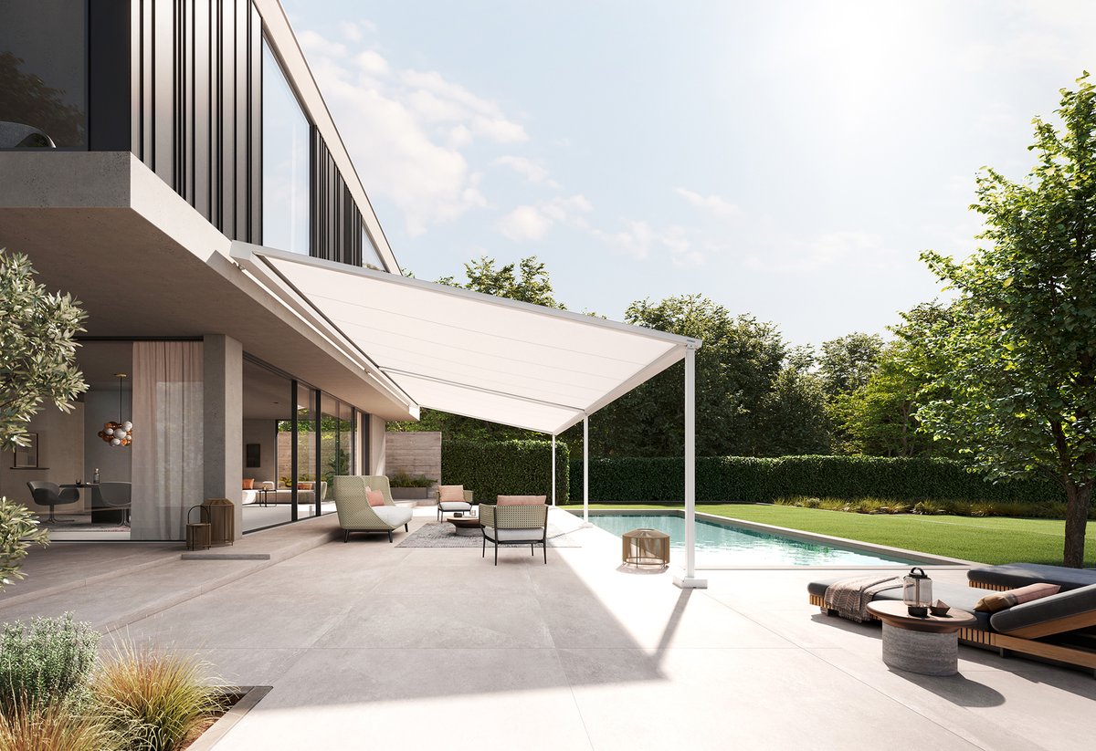 Pergola awnings are an enchanting addition to a patio with its graceful look and coloured interplay of light. Pergolas have always been popular. After all, they promise a cool, cosy place to relax in summer. improve-magazine.co.uk/delicate-light/ @MarkiluxUk