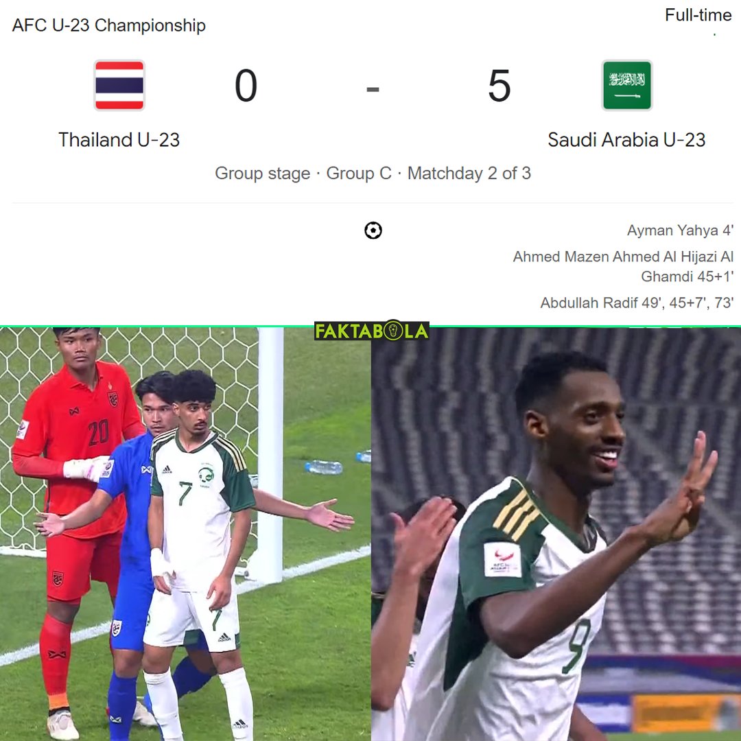 Wow Arab Saudi (juara bertahan) menang 5-0 lawan Thailand. Abdullah Radif berhasil cetak hattrick ⚽⚽⚽ Thailand masih punya peluang lolos, karena sebelumnya menang lawan Irak & dapat 3 poin. Next Thailand ketemu Tajikistan negaranya Nasrullo Kabirov