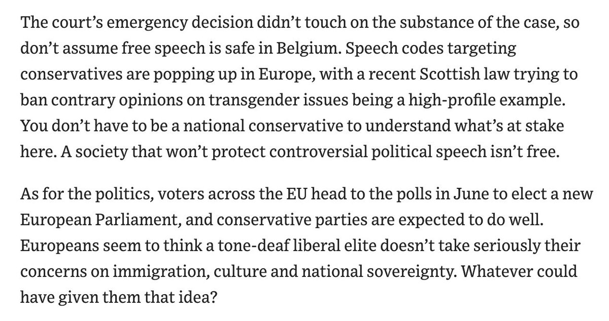 The Wall Street Journal editorial board is no supporter of National Conservatism, but it does support free speech, and is angry over what the Brussels authorities did to the NatCon conference this week. From the editorial: