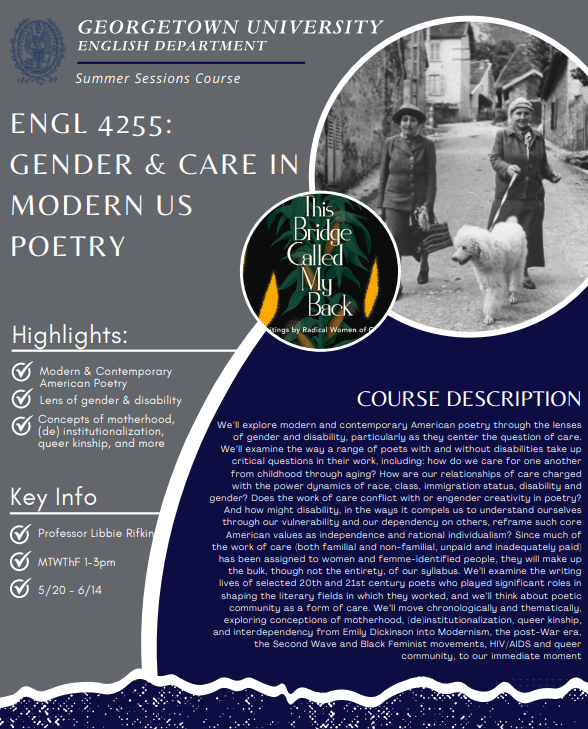WeAreGUSummer's tweet photo. This week, we're highlighting the ENGL 4255: Gender &amp; Care in Modern U.S. Poetry course! 📚

This course explores modern and contemporary American poetry through the lenses of gender and disability. Registration is open in MyAccess! 

#summerhoya #georgetown #wearegusummer https://t.co/p4K8p3a8cd