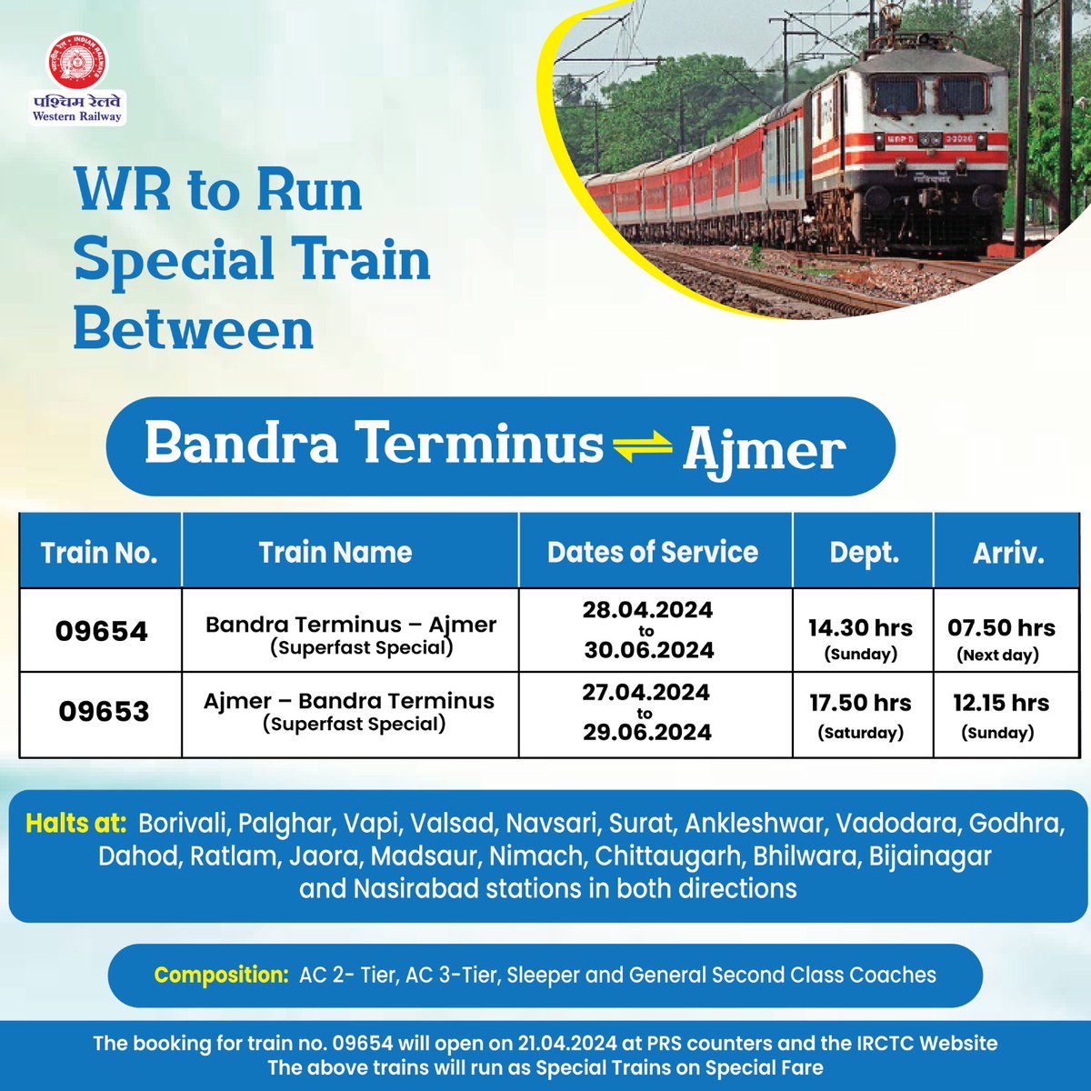 For the convenience of passengers and to meet the travel demand, WR has decided to run 09654/53 Bandra Terminus - Ajmer Superfast Special. The booking for Train No. 09654 will open on 21.04.2024 at PRS Counters and the IRCTC Website. #WRUpdates