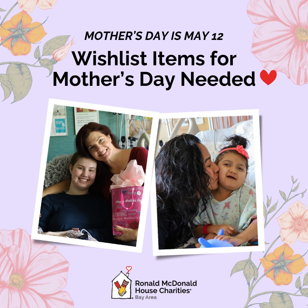 💐 As #MothersDay approaches, let's celebrate moms at #RMHCBayArea! While moms here are away from home caring for their critically ill child, help us create a moment for them to care for themselves. 🔗 loom.ly/k25OXwE and make a difference for moms this year! #wishlist