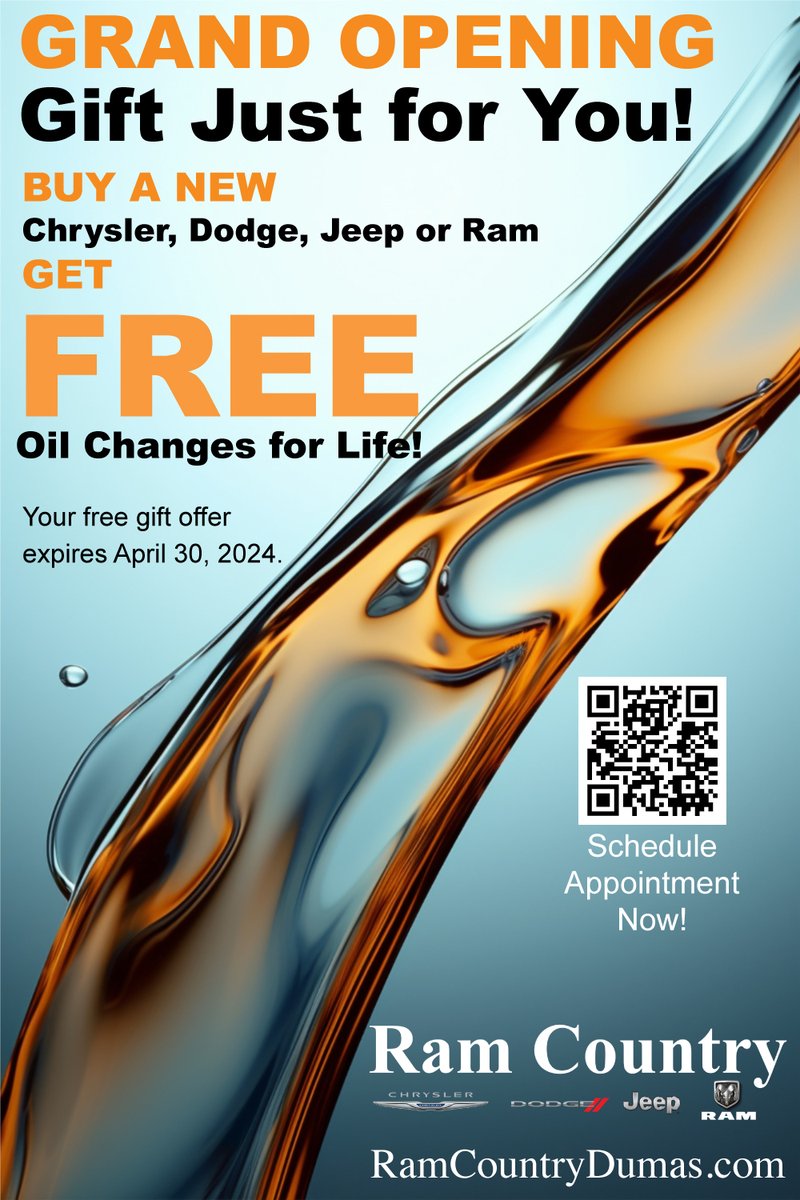 Grand Opening Event! Buy a NEW Vehicle from now until the end of April and get FREE Oil Changes for LIFE! #ramcountrydumas #dumastx #moorecounty