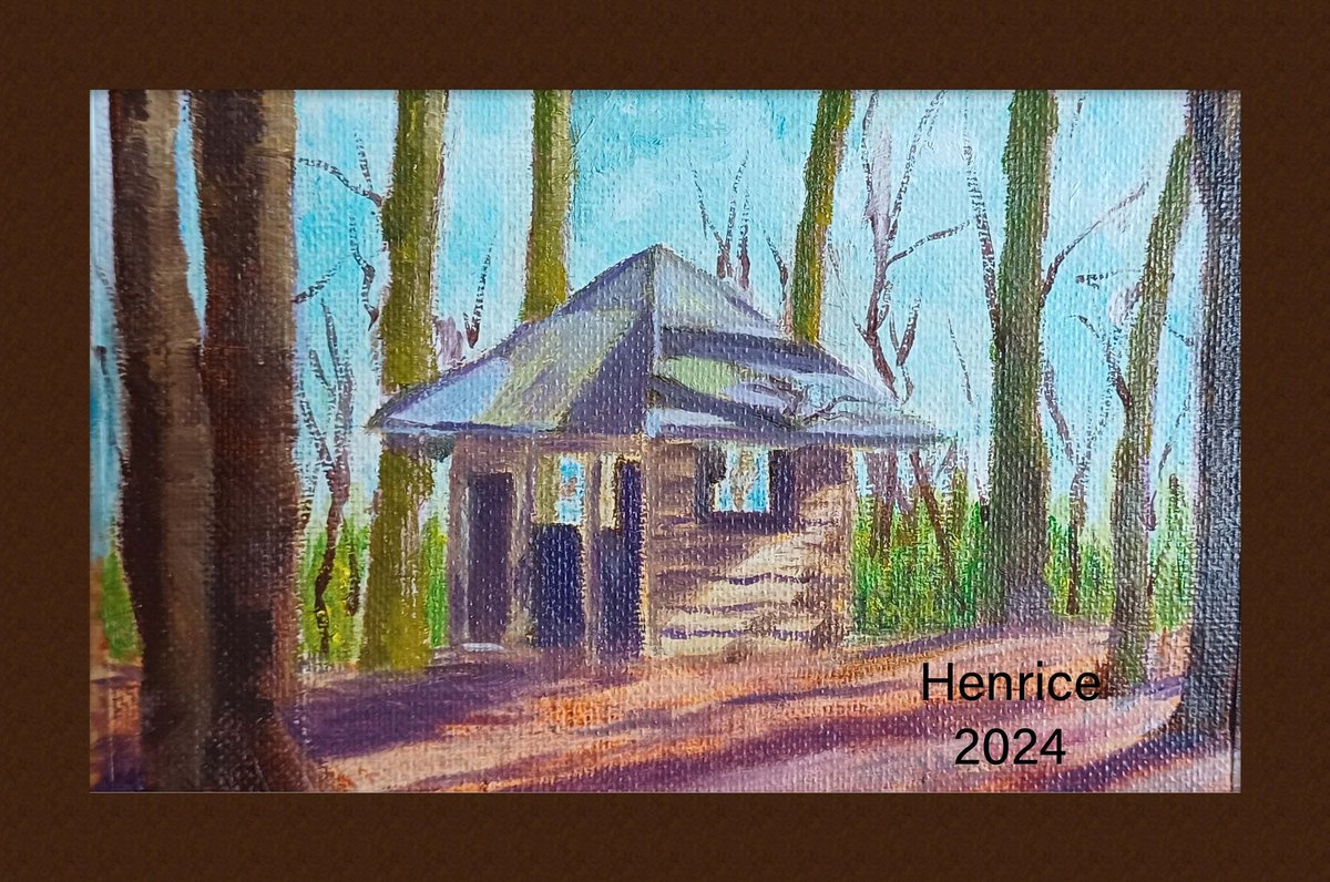 Kleintje olieverf, 15 x 10 cm. Schuilhut Tusveld.