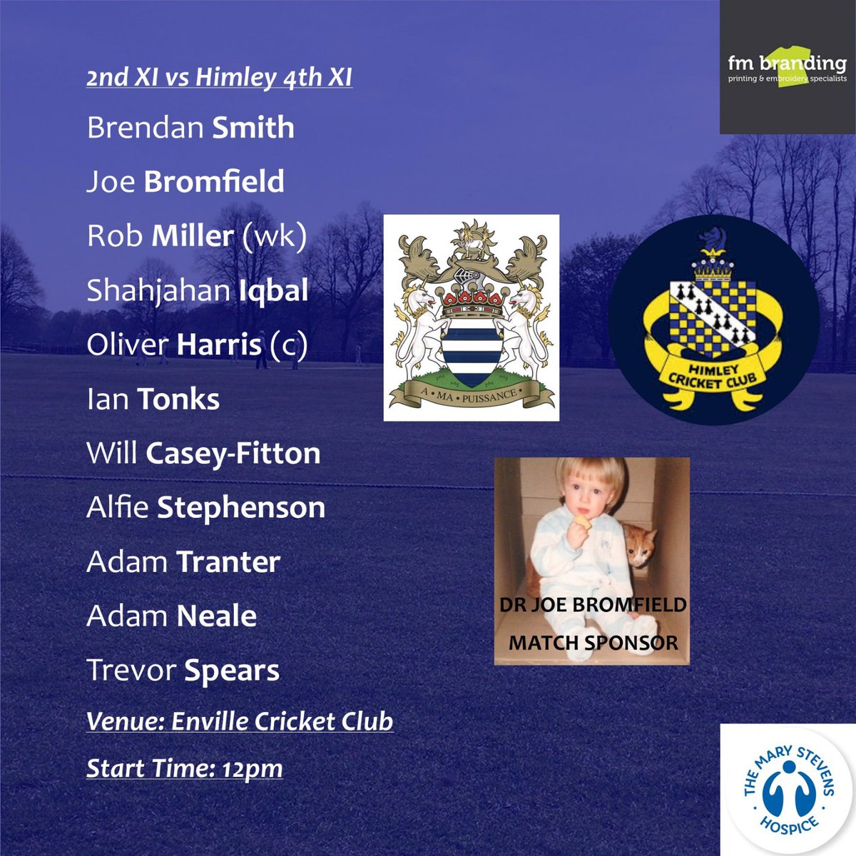 Team news is in for our only fixture of the opening weekend as unfortunately our 1st XI and 3rd XI have been called off already. Our 2nd XI face Himley 4th XI. Massive thanks to Dr Joe Bromfield for being the first match ball sponsor of the year! @MSHospice @FM_Branding