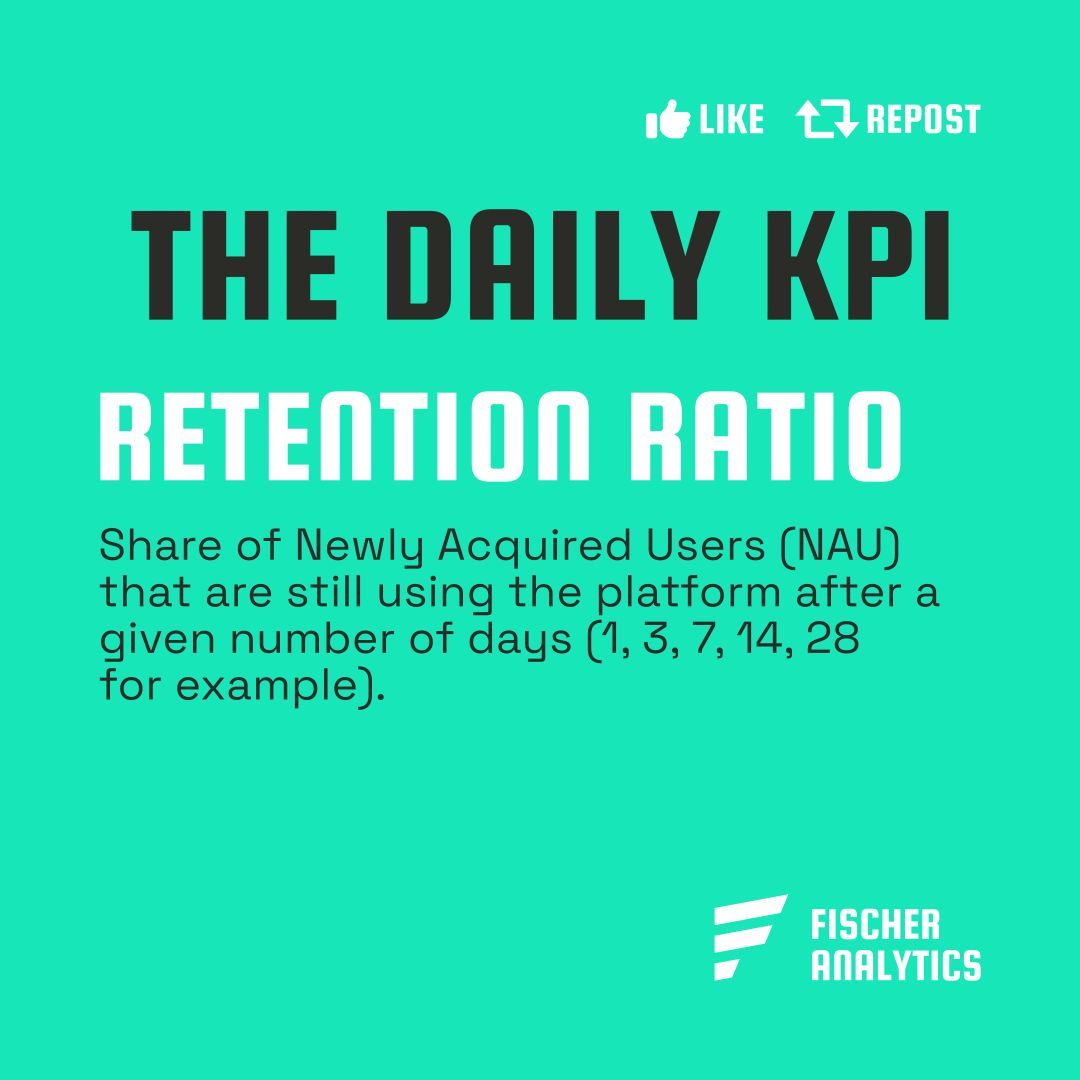 DAILY KPI: Retention Ratio

Share of Newly Acquired Users (NAU) that are still using the platform after a given number of days (1, 3, 7, 14, 28 for example).

#dailykpi #kpi #metrics #analytics #marketing #marketingoperations #sales operations #sales #customercentric
