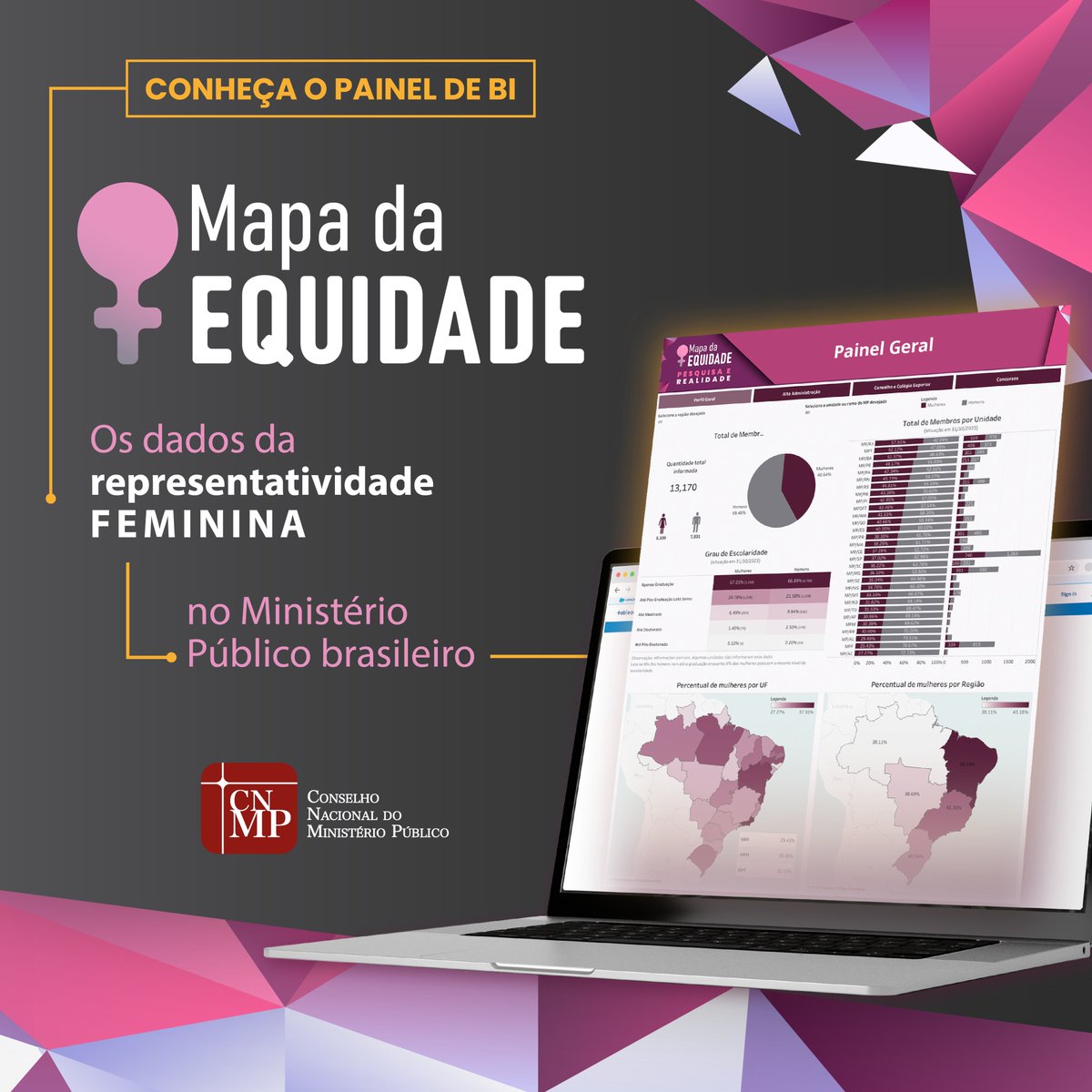cnmp_oficial's tweet photo. Conheça o Mapa da Equidade, disponibilizado como um painel BI (Business Intelligence), que traz diagnóstico da representatividade feminina no Ministério Público

Acesse o Portal do CNMP e conheça a ferramenta! https://t.co/Hq6xI5Z2IE https://t.co/VA0TKs0q2Y