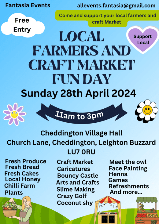 Local Farmers & Craft Market Funday at Cheddington Village Hall Sunday 28th April 2024 11am-3pm Support your local Farmer’s and Craft Market family fun day, held every last Sunday of every month April to October 2024. See flyer for details. #SupportingOurCommunity #QESLife