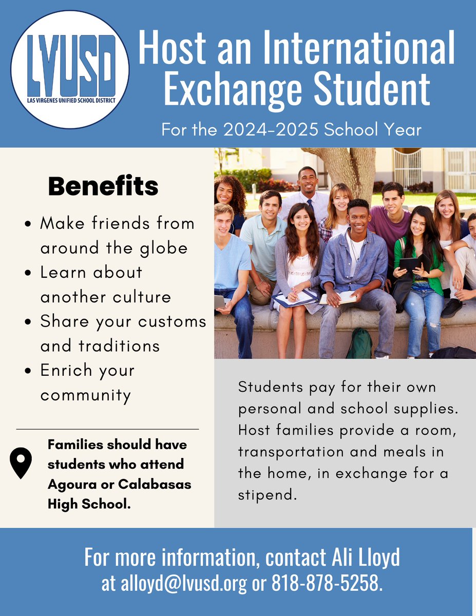 LVUSD High School Families: Host an international exchange student for the 2024-2025 school year! For more information, contact Ali Lloyd at alloyd@lvusd.org.