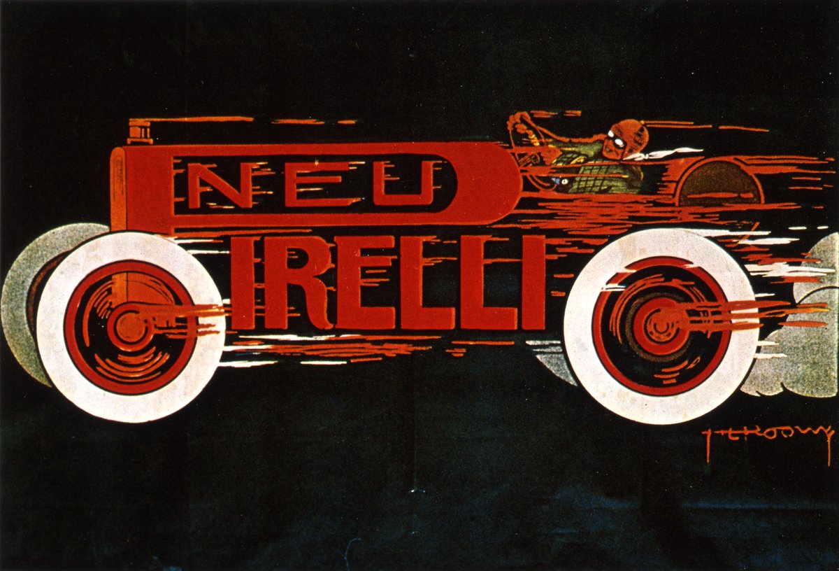 The stretched P has become Pirelli’s iconic symbol, inspiring many artists over the years. Stanley Charles Roowy was one of them. He created the illustration of the red car with Pirelli tires, which became a popular ad in the early 20th century. @fondpirelli #PirelliHistory