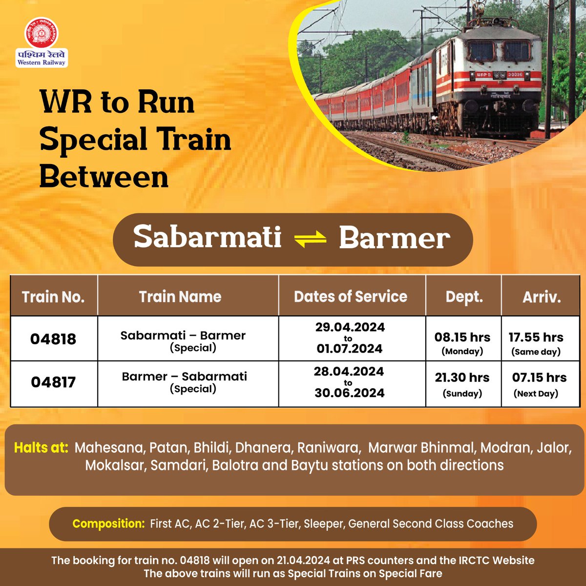 For the convenience of passengers and to meet the travel demand, WR has decided to run 04818/17 Sabarmati - Barmer Special The booking for Train No. 04818 will open on 21.04.2024 at PRS Counters and the IRCTC Website. #WRUpdates