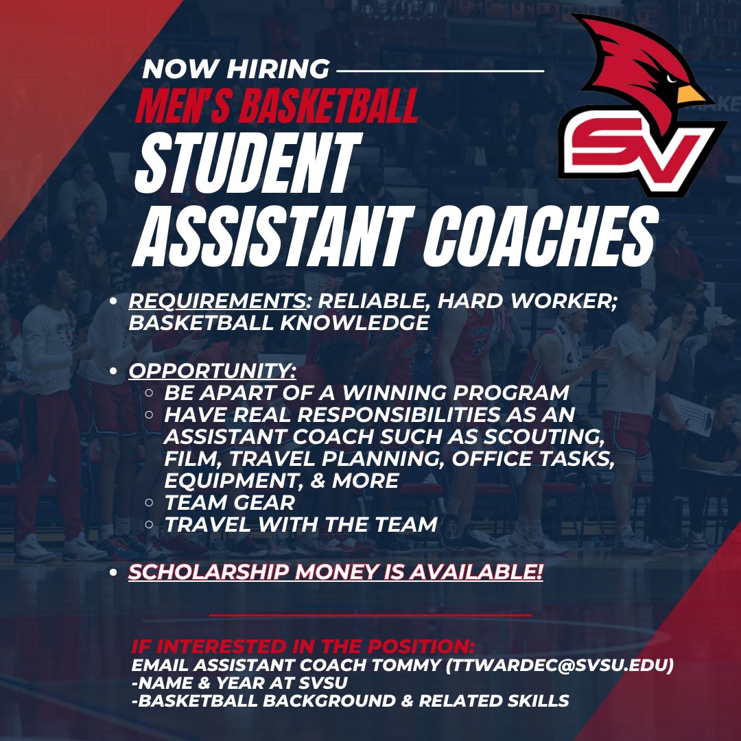 🚨Our staff is looking to add reliable and hard working Student Assistant Coaches for this summer and next year! Learn how a college basketball program operates and gain invaluable life skills along the way. Reach out to Coach Tommy ttwardec@svsu.edu