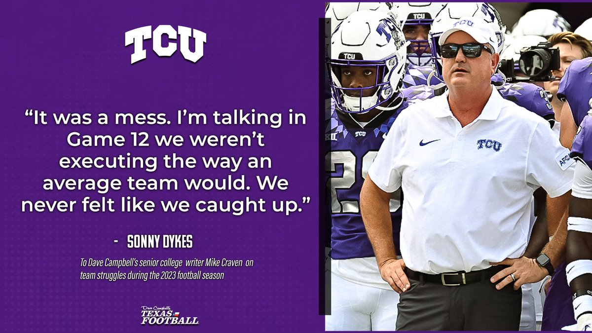 INSIDER NOTES: TCU had a hard hangover in 2023 after making the national title. Sonny Dykes sat down with @CravenMike for the summer preview magazine and here's a little of what our senior college writer learned about the Frogs. #GoFrogs Read more: texasfootball.com/article/2024/0…