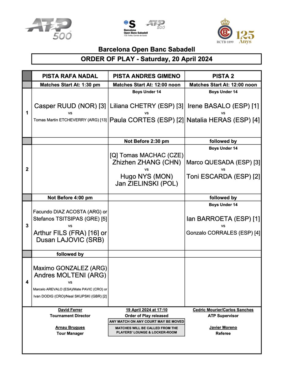 ATP 500 Barcelona Open Banc Sabadell Order of Play (OOP), Saturday, 2024-04-20                          

#ATP #ATP500 #BarcelonaOpen