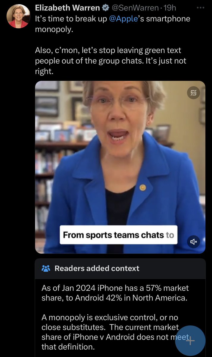 X and Twitter both hate free speech but one thing on X which is great, community notes calling out liz warren’s bullshit

she’s lying on camera grifting dollars from working class people pretending like iphone is a monopoly 😂