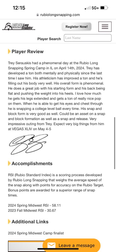 Blessed to be named a 4.5 ⭐️ long snapper, 12th in the 🇺🇸, and #1 in Illinois. Thank you for the excellent review @TheChrisRubio. I can’t wait to compete in Vegas in 2 weeks! Thank you @neal_dahlman and @camgalganoGPS for continuing to push me to be my best. @LWEastFootball
