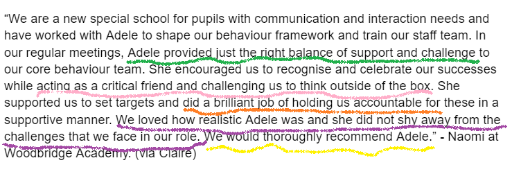THIS is what we get to do when we work with schools on improving #behaviour in a long term, sustainable way. 💚💚💚Feedback from a Headteacher I worked with for 8 months. Want this for your school? Drop me a DM (My Paint skills are not including)