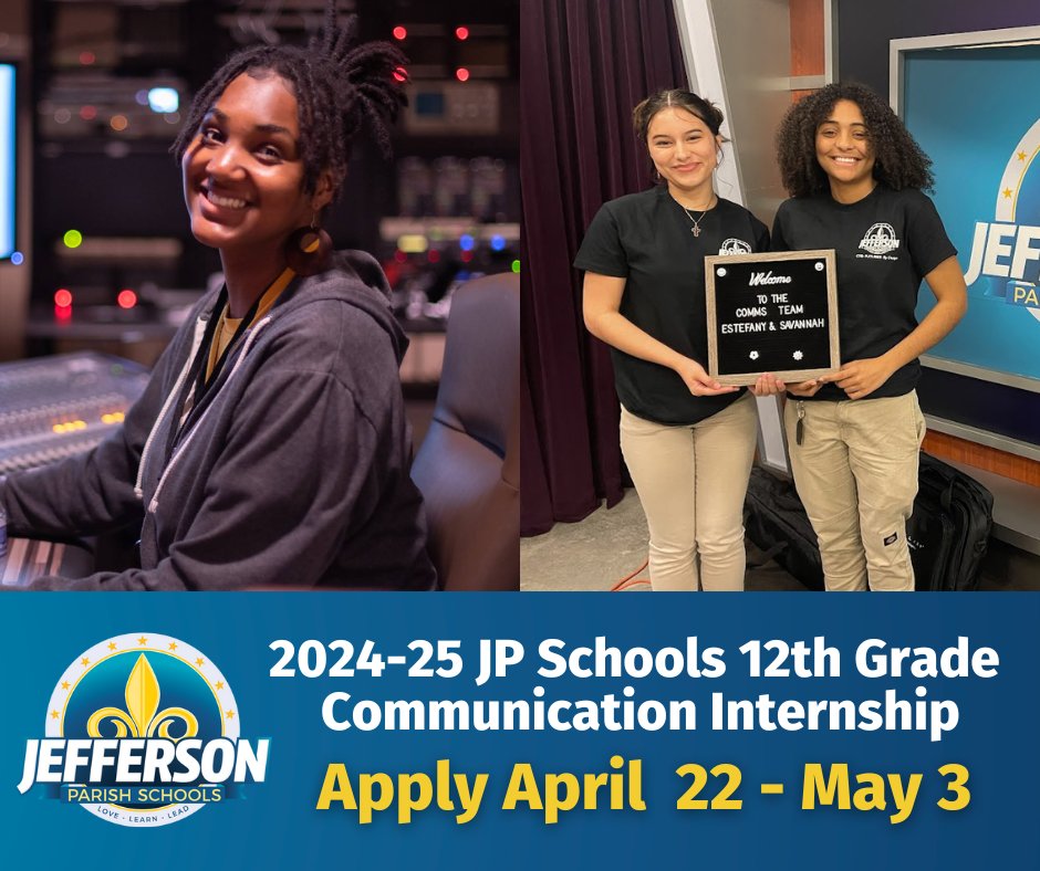 #JPSchools Communication Department is currently accepting applications for the 2024-25 school year. Please note that in order to be considered for this internship, students must meet all requirements. Visit jpschools.org/interns for more information or to apply.