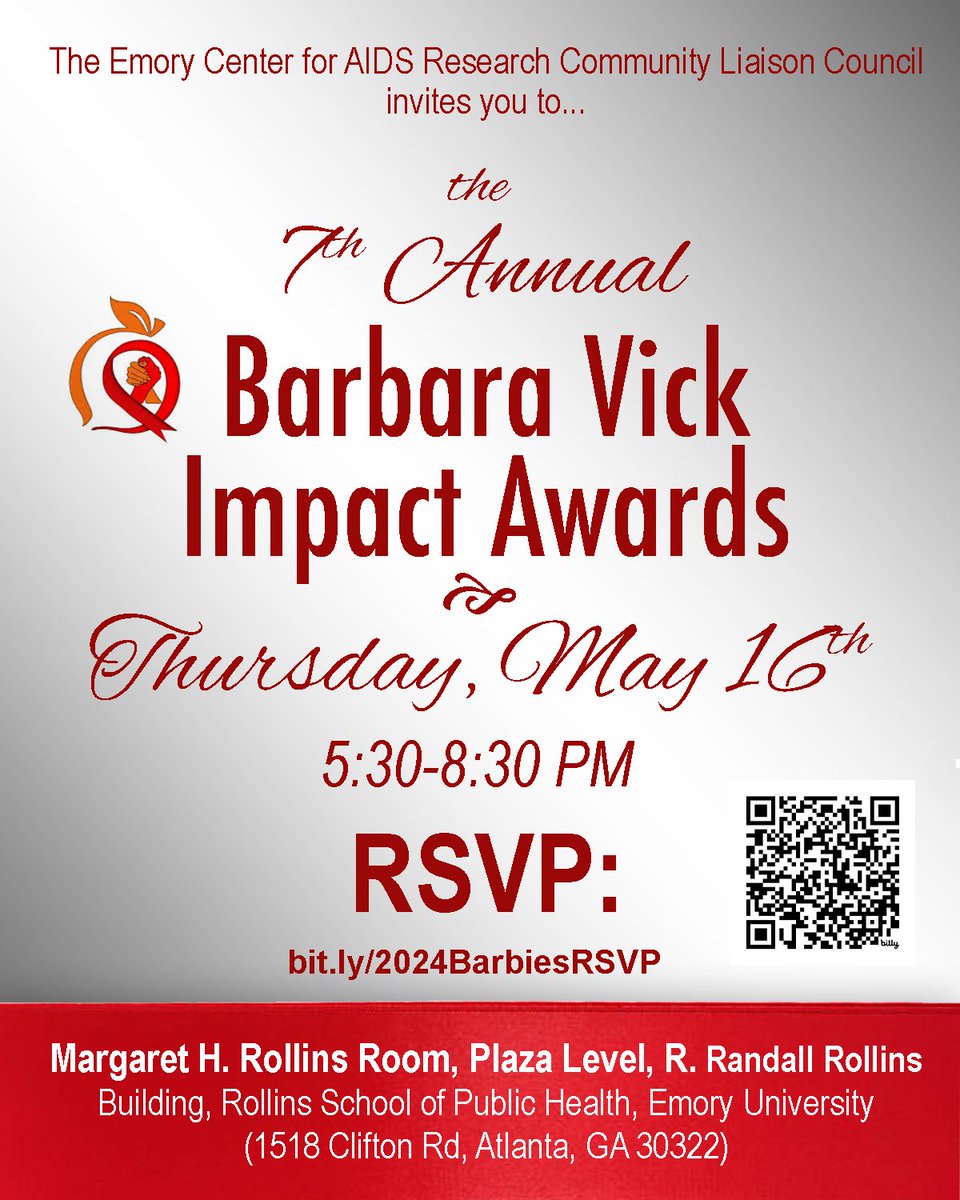 Join the Emory CFAR Community Liaison Council on 5/16 at @EmoryRollins for the 7th Annual Barbara Vick Impact Awards (#Barbies2024). RSVP now to attend this ceremony & reception to honor 24 unsung heroes in the #HIV response in Metro #Atlanta: bit.ly/2024BarbiesRSVP