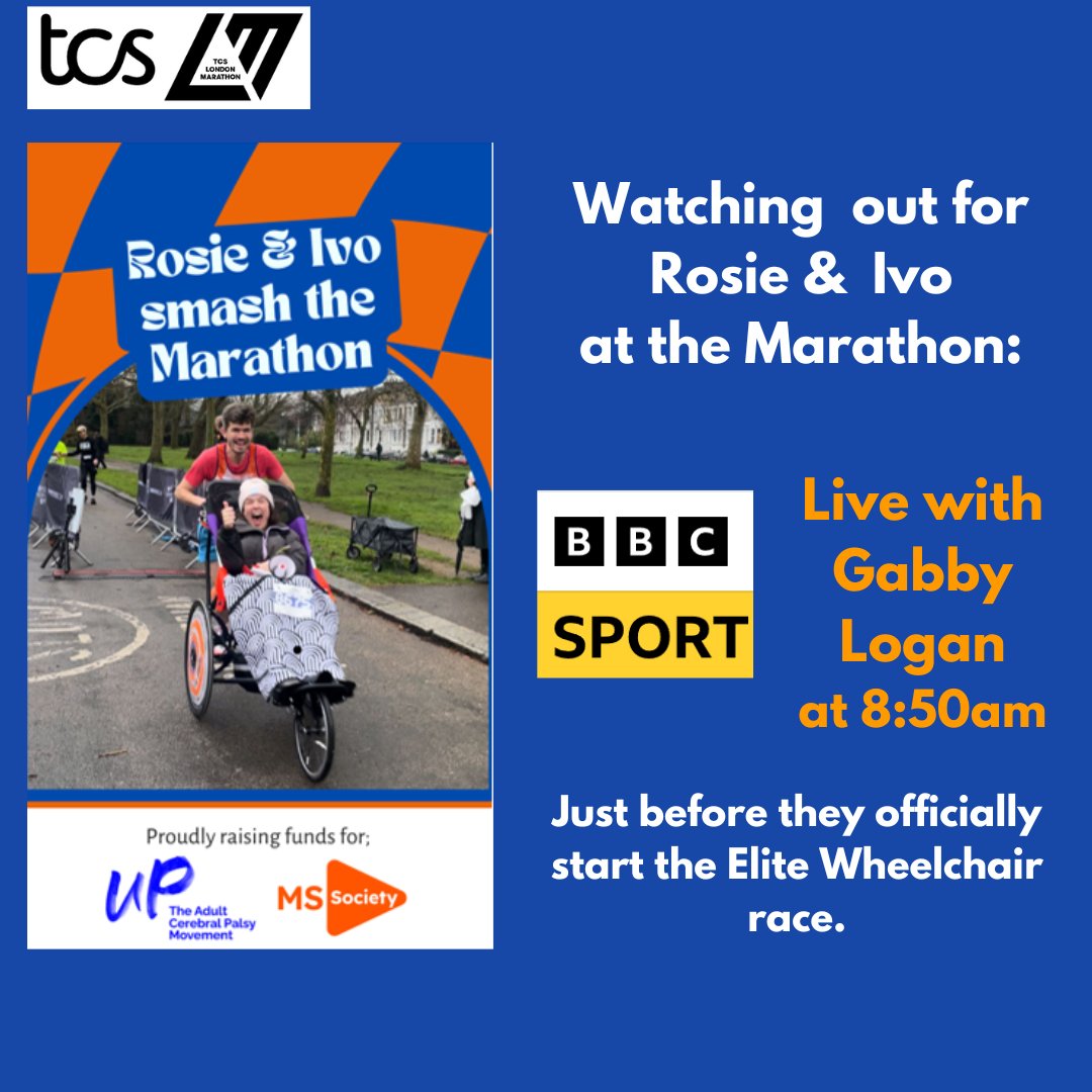 upmovement_cp's tweet photo. T minus 2   we are sooooooo excited.

Watching  out for Rosie  &amp; Ivo at the Marathon:

1. BBC Sport live with Gabby Logan at 08.50 just before they officially start the Elite Wheelchair race. 

2. TV coverage will be on: BBC One from 08:30 to 14:00 https://t.co/dQg99f4GHu