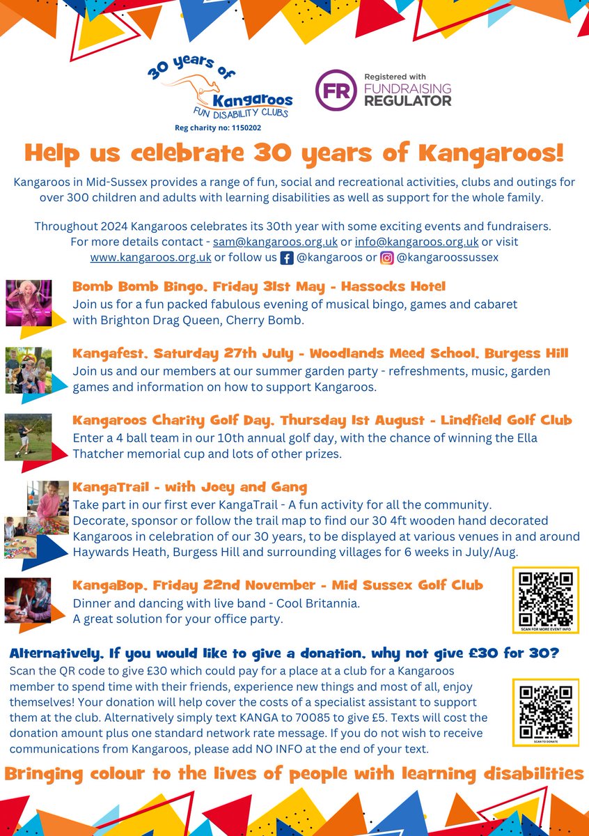 Kangaroos are delighted to launch a season of exciting events in celebration of our 30th year. 

Please join us and help us raise funds to bring colour to the lives of more people with learning disabilities in Mid-Sussex!

#eventsmidsussex #bingo #celebrate #kangaroos #30for30