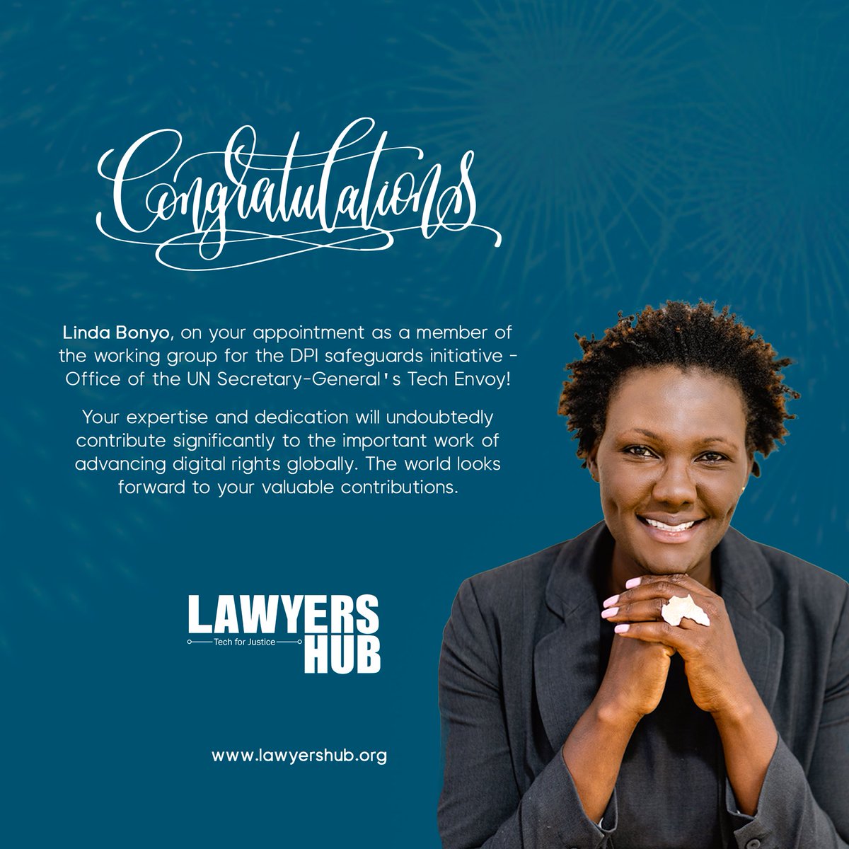 🎊Join us in congratulating our CEO & Founder, @BonyoLinda, on her appointment to the #DPI safeguards initiative - Office of the UN Secretary-General's #Tech Envoy! 🌍To learn more about her and her work visit our website at lawyershub.org