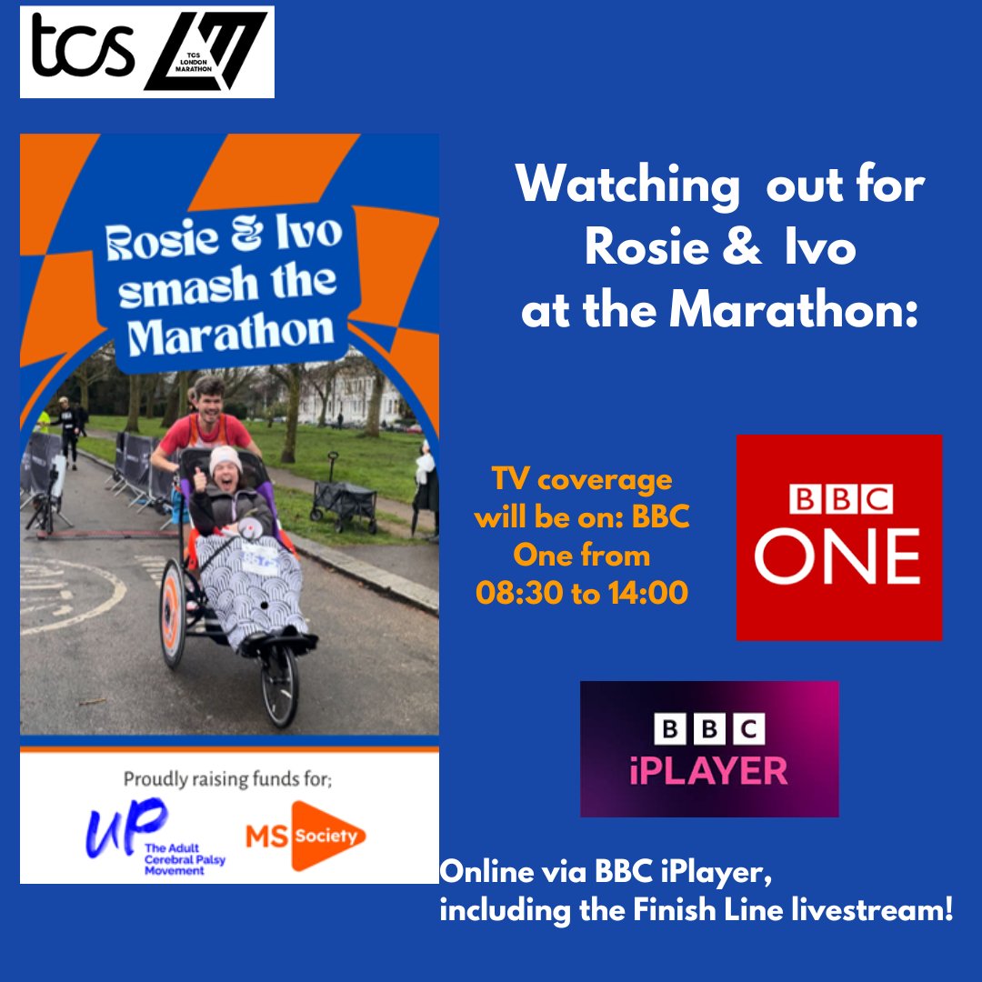 upmovement_cp's tweet photo. T minus 2   we are sooooooo excited.

Watching  out for Rosie  &amp; Ivo at the Marathon:

1. BBC Sport live with Gabby Logan at 08.50 just before they officially start the Elite Wheelchair race. 

2. TV coverage will be on: BBC One from 08:30 to 14:00 https://t.co/dQg99f4GHu