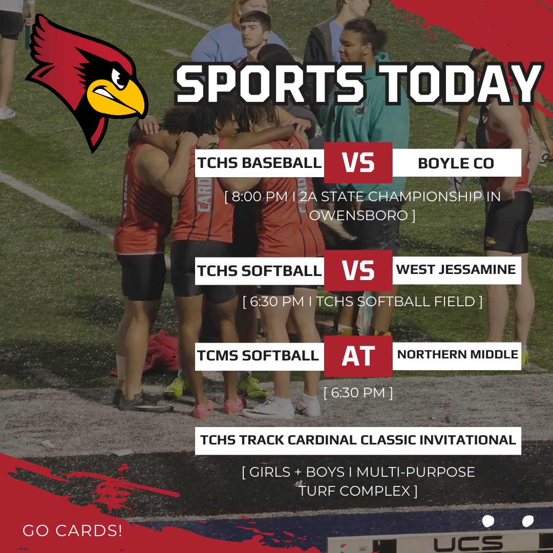 TC_Schools_KY's tweet photo. ππππππ πππππ (pending weather)!
TCHS Softball Tickets: https://t.co/1JvPboA1sR
TCHS Track Tickets: https://t.co/QB2d4sMUks
#tcpride #gocards #ladycards #tchsbaseball #tchssoftball #tcmssoftball #tchstrack https://t.co/XCoylqWIXx