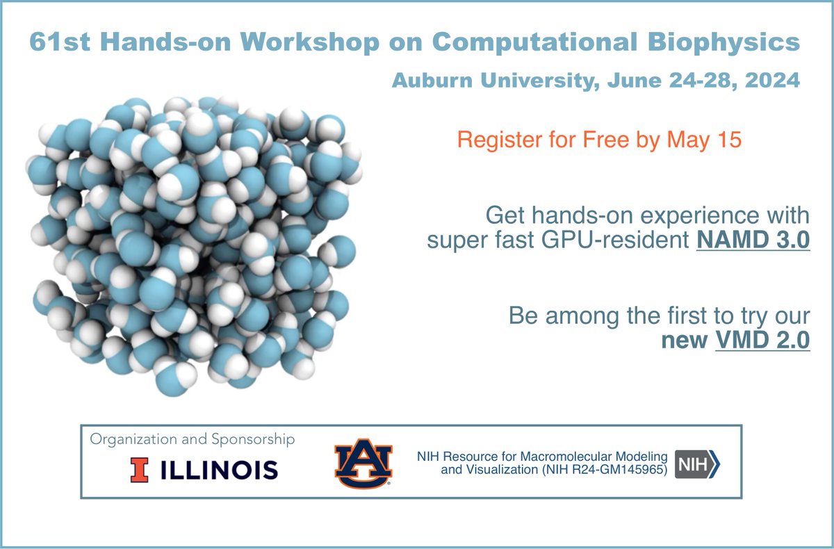 Registration is open! Do not miss this opportunity to learn state-of-the-art techniques in #moleculardynamics and molecular visualization with #NAMD and #VMD. Apply for free here: ks.uiuc.edu/Training/Works…