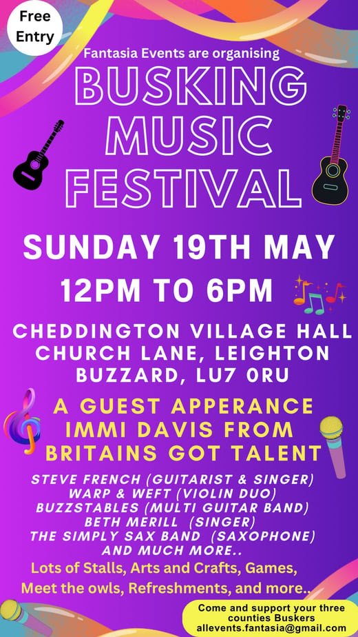 Busking Music Festival at Cheddington Village Hall Sunday 19th May 2024 12pm to 6pm Calling ALL MUSIC LOVERS! Are you ready for a fun day filled with the talents of amazing Buskers and unforgettable performances? See flyer for details #SupportingOurCommunity #QESLife