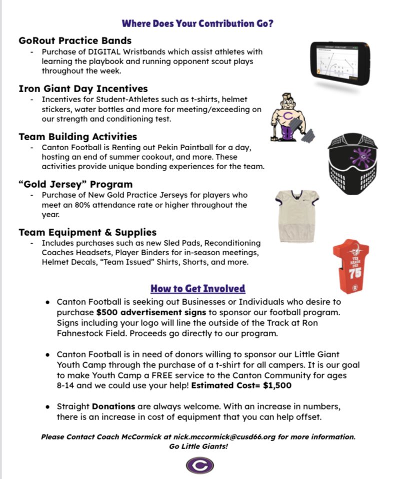 Canton Football is seeking “Fence” and “Youth Camp” Sponsors for this upcoming season. 🏈🏟️

Please reach out to Coach McCormick or a member of our Coaching Staff for more information. ℹ️

#LittleGiantWay