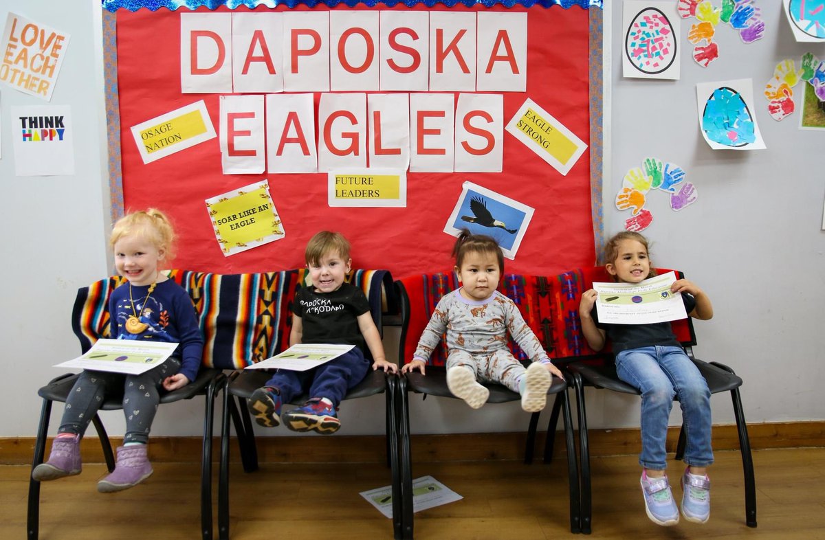 Congratulations! Daposka Ahnkodapi Early Education extends congratulations to the following March Students of the Month. From left is Gwyneth Smith, 3 yr. old class; Roman Kekahbah, 2yr. old class; Azaya Moetala, Infant/Toddler class; Zoe Utley, Pre-K class.