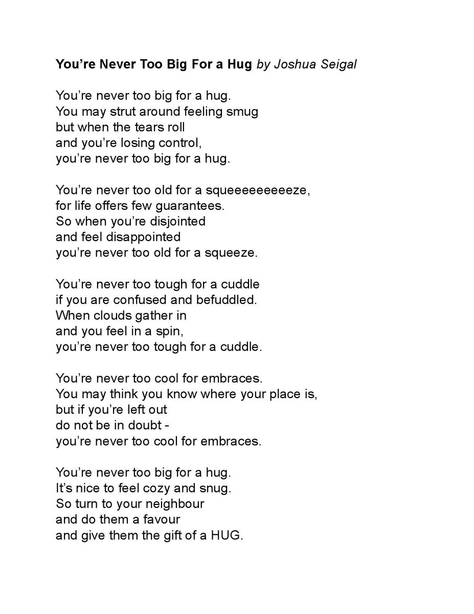 A tough week mental health wise. But proud of having done some lovely school visits, and some writing too. Here is a very, very important poem on my website - 'YOU'RE NEVER TOO BIG FOR A HUG' joshuaseigal.co.uk/you-re-never-t… #edutwitter #MentalHealth