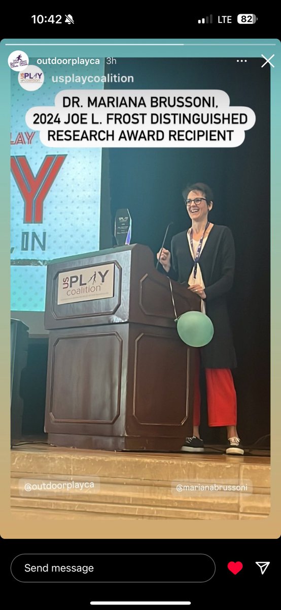 Congratulations to <a href="/mbrussoni/">Dr. Mariana Brussoni</a> who was awarded the 2024 Joe L. Frost award for distinguished research at the <a href="/USPlayCoalition/">US Play Coalition</a> conference in Indiana this week 🙌 A well deserved recognition for a lifetime of important contributions to the field of outdoor risky play <a href="/outsideplayubc/">Outside Play Lab</a>