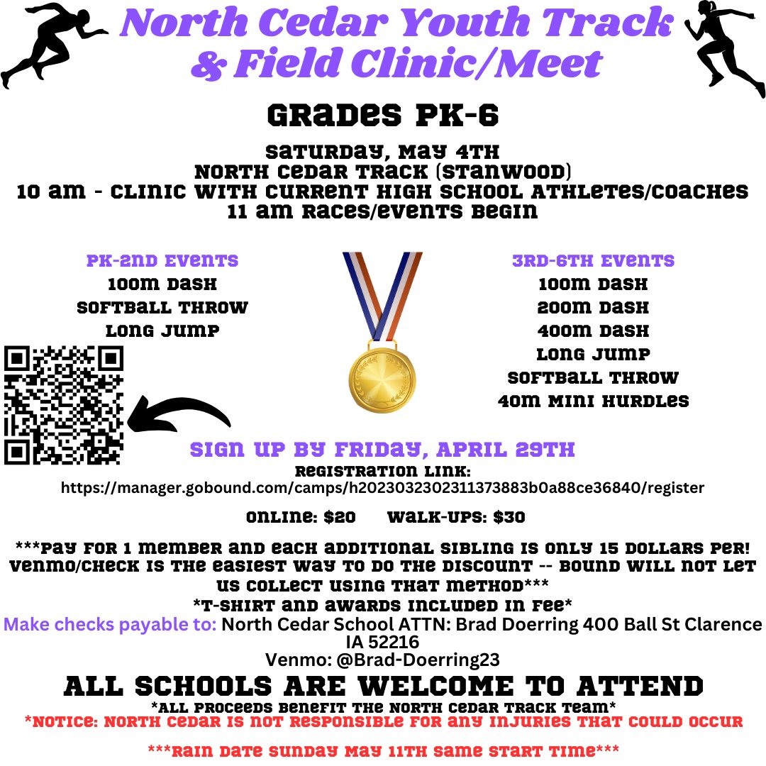Youth Track Meet at North Cedar in a couple of weeks if any local youth or coordinators are interested in getting signed up! @MikeJaytrackxc @TrackGuyUSA