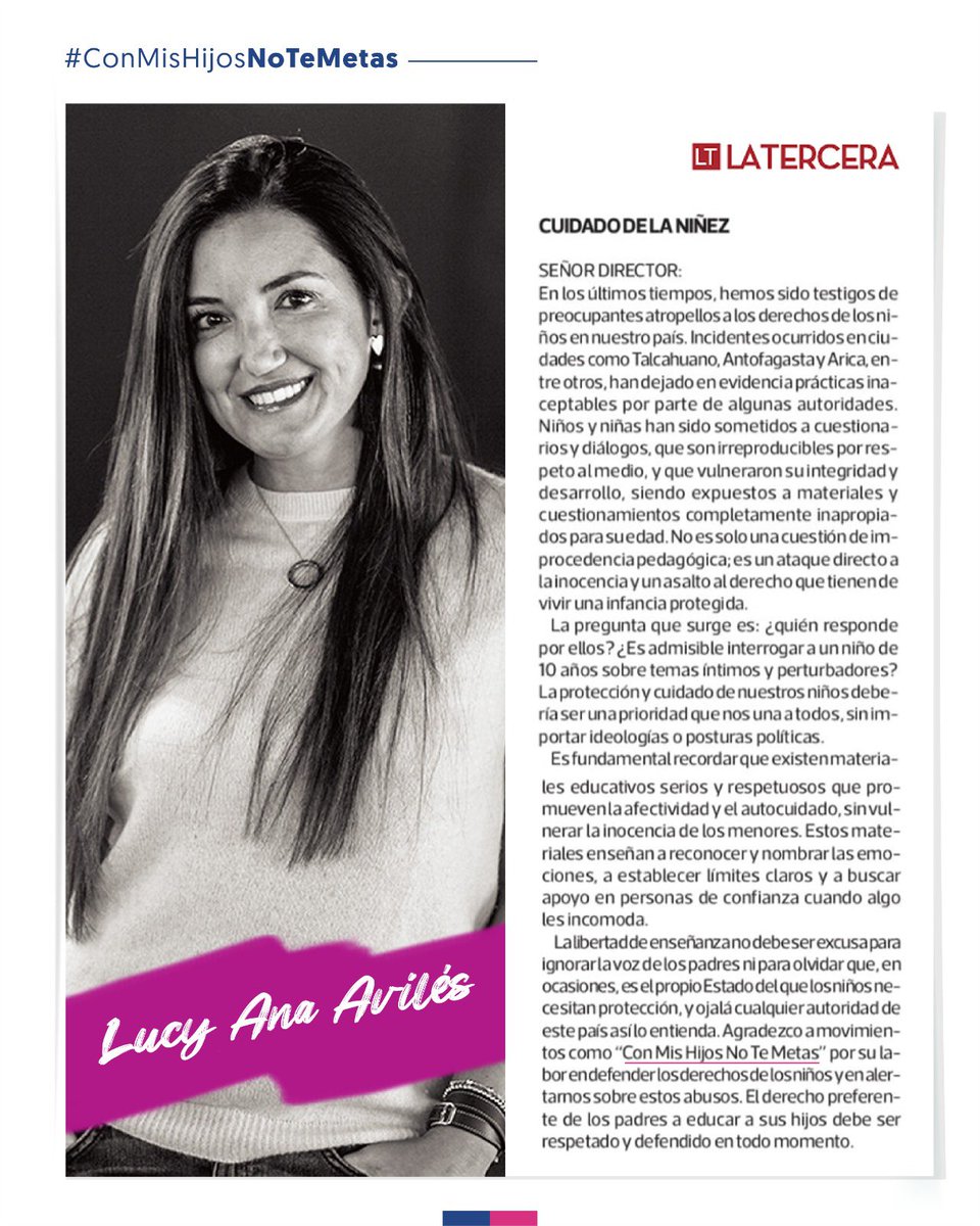 Gracias @lucyanaah por el reconocimiento al trabajo de nuestro movimiento, siempre estaremos dispuestos resguardar el Derecho Preferente de los padres y a proteger a los niños, respetando sus tiempos y su inocencia.
#ConMisHijosNoTeMetas 🇨🇱 
#NiñosSonNiños