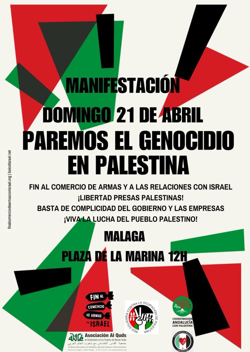 🔴 Este Domingo 21 de abril, desde IU salimos a las calles para luchar por la libertad del pueblo Palestino🇵🇸 y contra su Genocidio‼️ 📍MANIFESTACIÓN EN #MÁLAGA, ACUDE ‼️ Paremos el genocidio en Palestina‼️ PARTICIPA ‼️ 📅 Domingo, 21 abril 🕛 12:00 horas ➡️ Plaza de la Marina