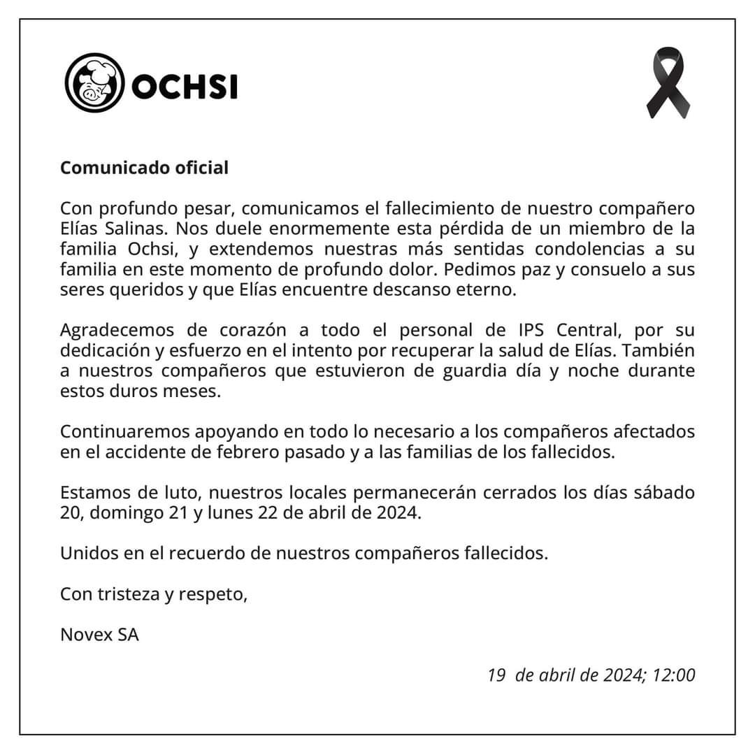 PYtitulares's tweet photo. URGENTE | La empresa Ochsi confirmó el fallecimiento de otro trabajador por la fuga de amoníaco en la fábrica de embutidos. Elías Salinas, ha fallecido trágicamente tras estar intubado desde la explosión del 7 de febrero. Este incidente eleva a 4 el número de víctimas mortales como consecuencia de la explosión del tanque de amoníaco en la fábrica.